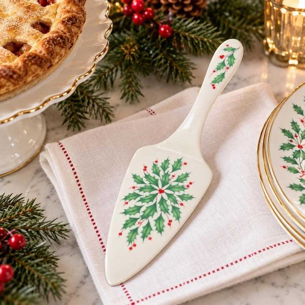 Vintage Lenox Holiday Cake Pie Server Porcelain Holly Berry Christmas Holiday